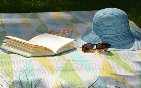 Buch, Sonnenhut und Sonnenbrille auf Picknickdecke